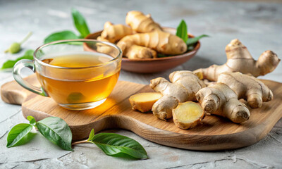 Wall Mural - hot tea in a glass cup with ginger and mint