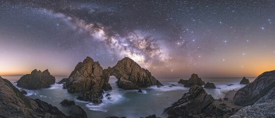 Wall Mural - A beautiful night sky with a large body of water and a few rocks