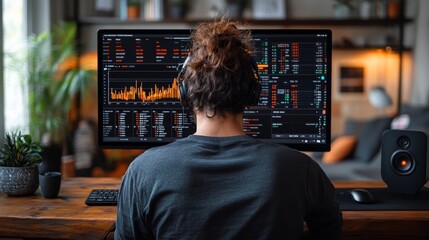 Poster - A focused individual is immersed in analyzing market data on dual monitors in a well-lit indoor workspace. The cozy environment features greenery and modern decor.