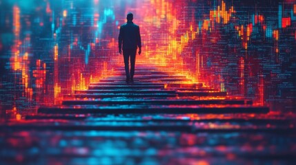 Poster - A solitary man strides along a glowing pathway, immersed in a digital landscape filled with vivid data patterns and colorful lights.