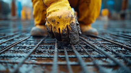 Aufkleber - A laborer in yellow gloves is carefully arranging rebar on a construction site, preparing for concrete pouring. The environment is busy and vibrant under clear daylight.