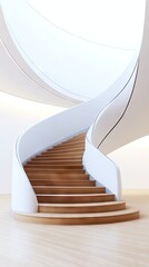 Wall Mural - Stunning spiral staircase with white wooden steps and sleek silver handrail, capturing elegance in a modern architectural space