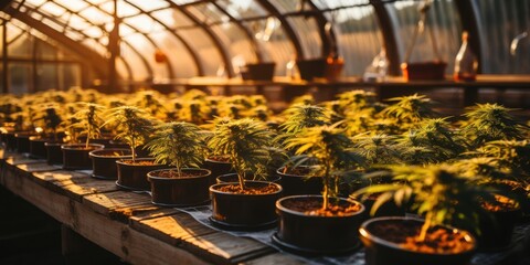 A Greenhouse Filled with Potted Plants Bathed in the Warm Glow of the Setting Sun