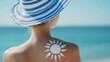 © Elena - A woman wearing sun hat with the sunscreen on her back, the concept of beach holidays, skin protection and health care