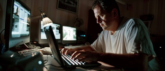 Wall Mural - focused man in a dimly lit room, intently working on a computer amidst glowing screens.