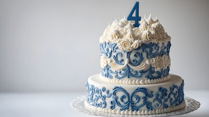 Food, Sweet, 4th Birthday Cake, Blue, Photo Realistic, White Background, Wallpaper, Cover and Screen for Smartphone, PC, Laptop, 9:16 and 16:9 Format