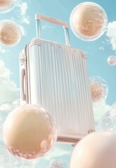 A white suitcase is surrounded by a cloud of white spheres