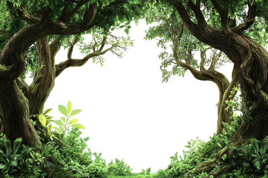 Enchanted forest frame with lush green trees forming a natural arch, creating a mystical and inviting atmosphere in nature.