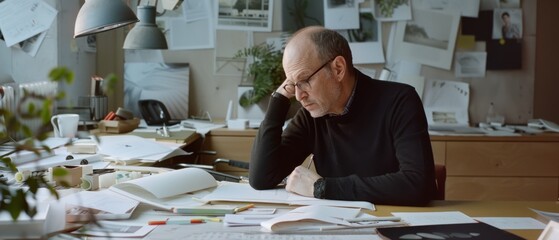 A focused man in a cluttered office ponders over architectural plans, highlighting the creative process and thoughtful design.