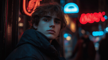 Wall Mural - A young man is standing in front of a neon sign