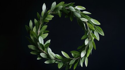 Green round laurel wreath on a black background.