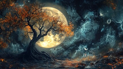 Wall Mural - A surreal landscape featuring a large, luminous moon dominating the night sky. Below, an ancient tree with twisted branches and vibrant orange foliage stands prominently against a dark, star-studded b