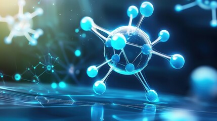 Wall Mural - abstract 3d visualization of atom or molecule structures, glowing blue particles connected in a medi