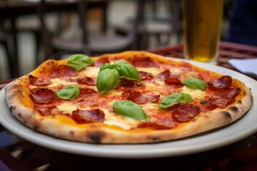 Close up of Italian pizza served on plate in Italian city