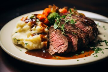 Wall Mural - Close up of a sliced roast beef with vegetables on plate