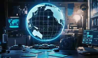 Futuristic Hacker Workspace with Holographic Globe