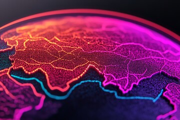 Wall Mural - Abstract glowing globe with continents outlined in neon colors.