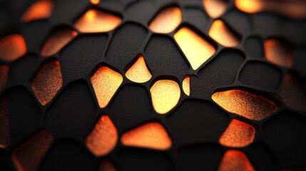 Poster - Abstract pattern of glowing orange shapes on black textured surface.