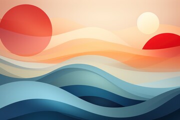 Canvas Print - abstract landscape featuring stylized waves and two suns in a warm color palette.