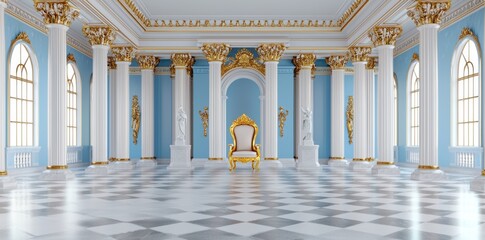 A wide format picture of an extravagant palace room in traditional European style decorated with gold.