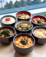 Canvas Print - An assortment of seven bowls of various rice dishes on a wooden table.