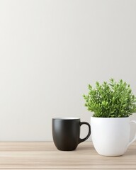 Poster - Black mug and white plant pot on wood table against a white wall.