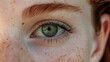 © MD Media - Close-up of the eye, with freckles on the face and a green eye color. The reflection in the eyes. female eye with long eyelashes and freckles on the face, close-up