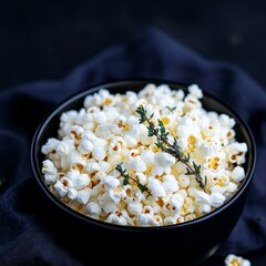 Poster - Bowl of fresh popcorn with a sprig of thyme.