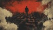 © Edi Purnomo - Silhouette of a man walking towards a maze with a red sky behind him.