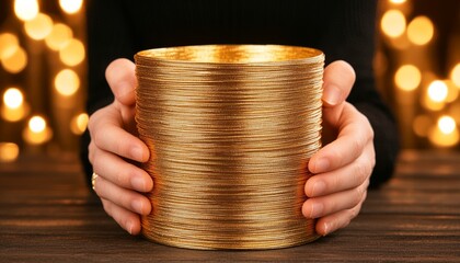 Wall Mural - Close up of hands holding a gold cylindrical container with a warm blurred background.