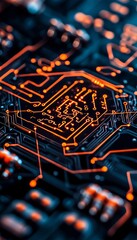 Canvas Print - Close-up of a circuit board with glowing orange lines.