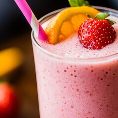 Wall Mural - Close-up of a pink strawberry smoothie with a pink and white striped straw, an orange wedge, and a strawberry on top.