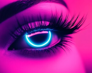 Wall Mural - Close-up of a woman's eye with a glowing neon ring.