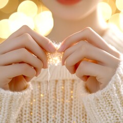 Wall Mural - Close-up of a woman's hands pulling a strand of yarn from a knitted sweater with a blurred background of golden bokeh lights.