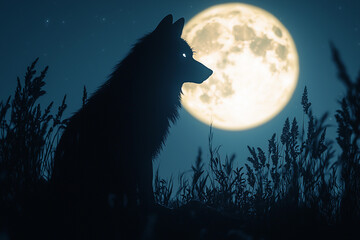 Wall Mural - Silhouette of a wolf against a bright full moon at night