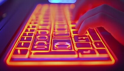 Wall Mural - Closeup of hands typing on a backlit keyboard with glowing keys.