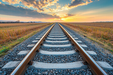 Wall Mural - Railway tracks stretching into the sunset over a peaceful landscape