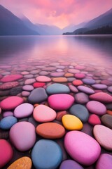 Wall Mural - Colorful smooth stones in a still lake with mountains in the background during a sunrise.