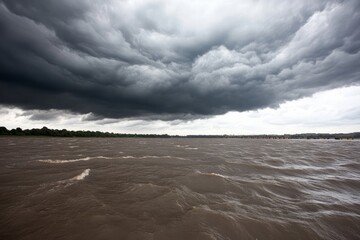 Wall Mural - Dark, ominous storm clouds gather over a choppy river.