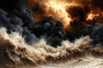 Wall Mural - Dark storm clouds and massive waves create a dramatic, apocalyptic scene.