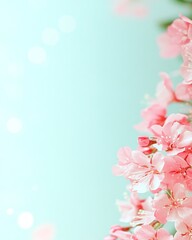 Wall Mural - Delicate pink flowers on a soft blue background with copy space.