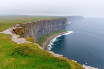 Wall Mural - Dramatic coastal cliffs with a grassy top and crashing waves below on a misty day.