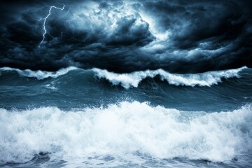 Wall Mural - Dramatic stormy sea with large waves crashing under dark sky with lightning.