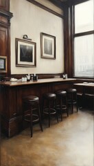 Poster - Empty wooden bar counter with stools in a vintage cafe with large windows.