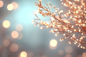 Wall Mural - Festive glowing branches with bokeh lights on a blue background.