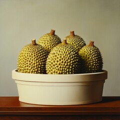 Wall Mural - Five whole Durian fruits arranged in a bowl on a wooden table.