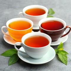 Sticker - Four cups of tea with mint leaves on a grey surface.