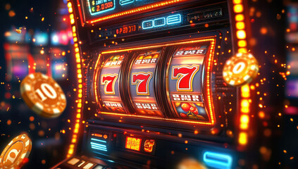 Abstract casino slot machine background. Colourful online casino banner 777 big winning symbol of gold jackpot, casino bar celebration light graphic. Entertainment leisure concept 3d digital artwork.