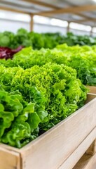 Wall Mural - Fresh green lettuce plants in wooden crates growing in a greenhouse.