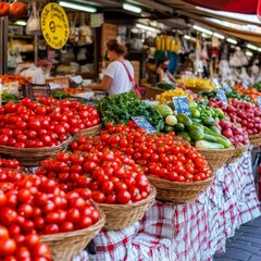 Wall Mural - Fresh produce on display at a bustling market.